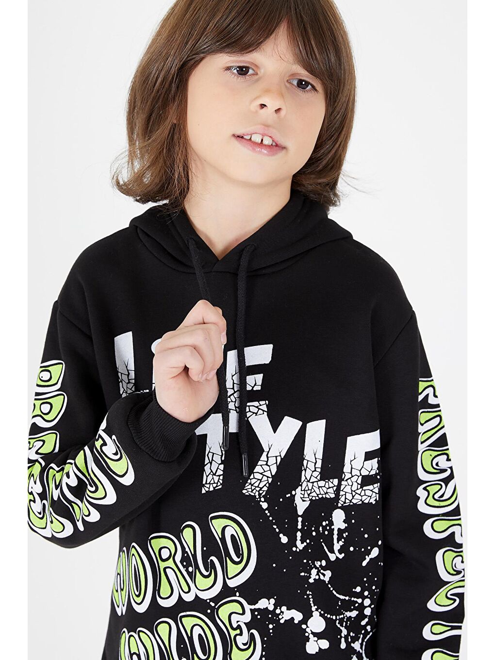 Siyah Erkek Çocuk Yazı Baskılı Kapüşonlu Sweatshirt 9-14 Yaş 14147-1