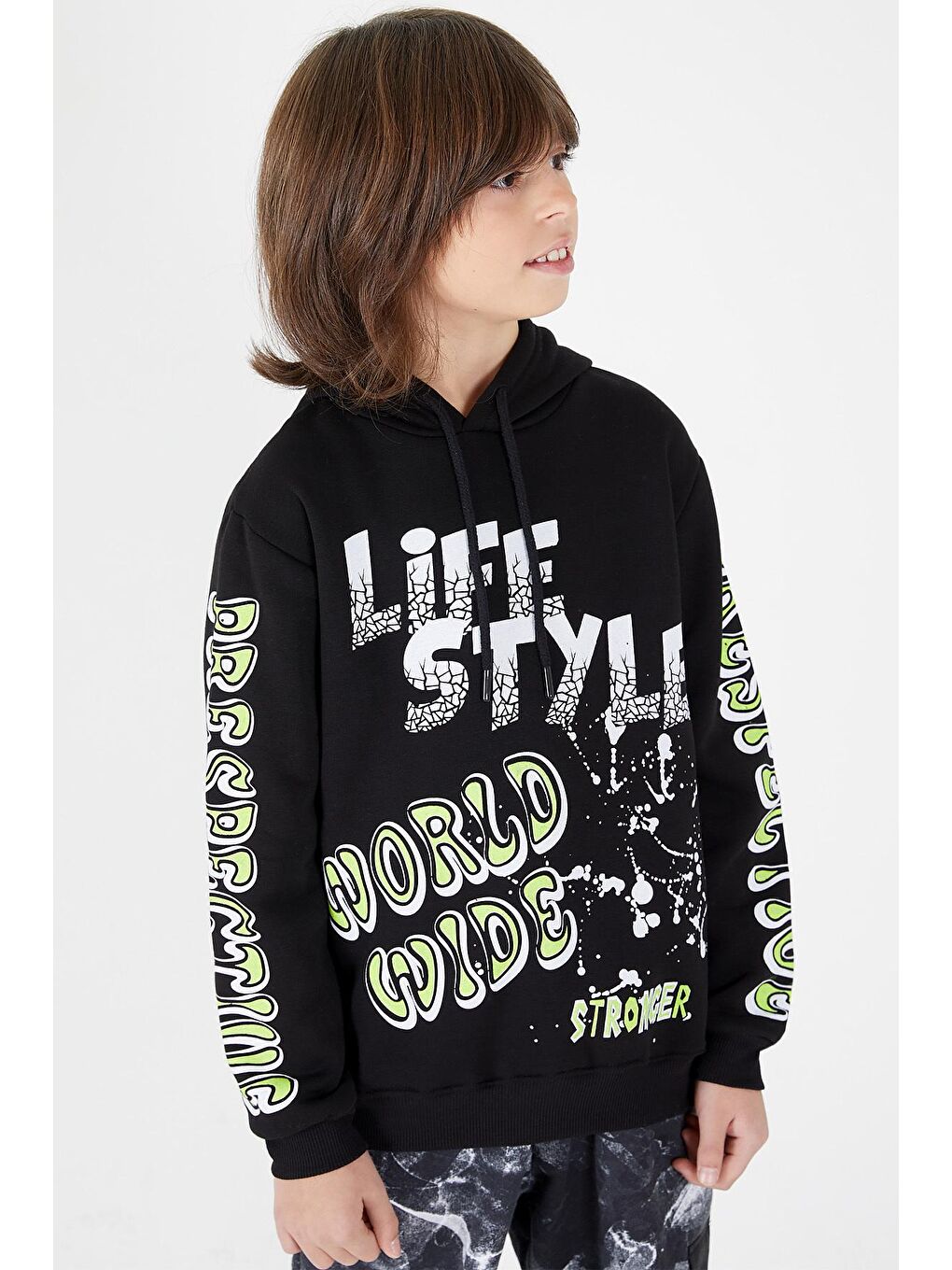 Siyah Erkek Çocuk Yazı Baskılı Kapüşonlu Sweatshirt 9-14 Yaş 14147-2