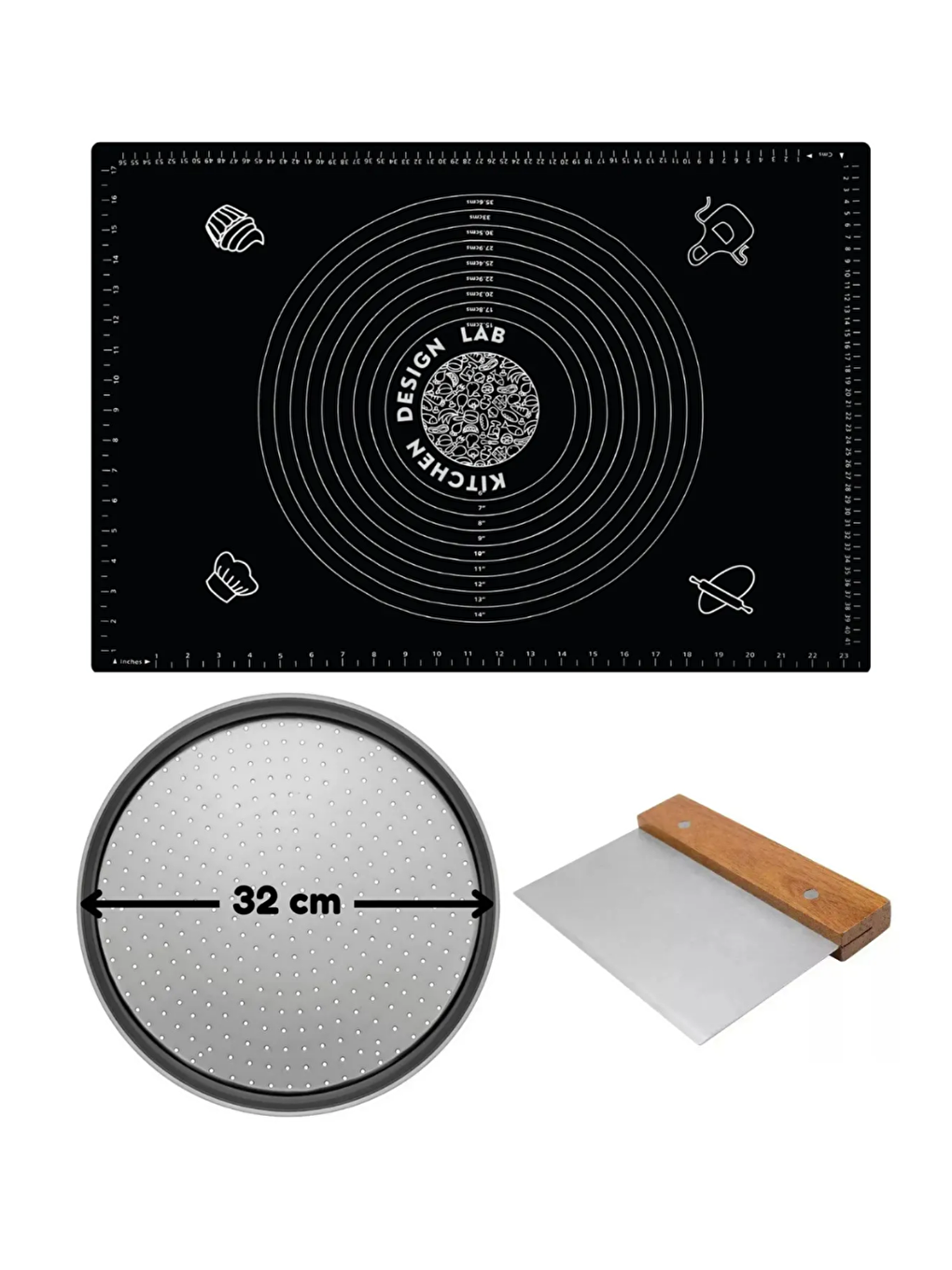 Siyah Silikon Hamur Açma Matı 45 x 65 cm 32 cm Pizza Tepsisi ve Ahşap Saplı Hamur ve Pizza Kesici