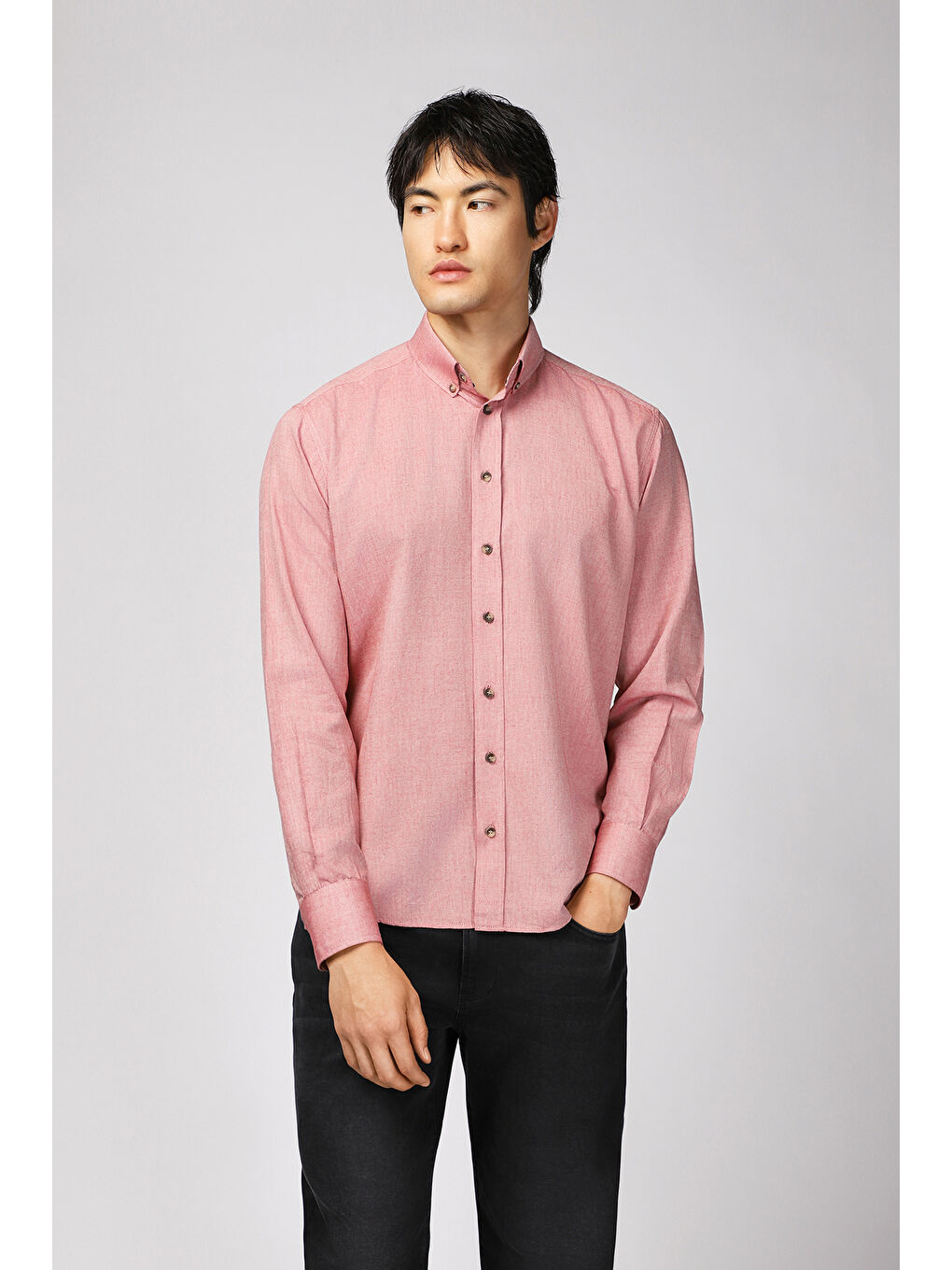 Kırmızı Uzun Kol Regular Fit Spor Pamuk Düğmeli Yaka Oxford %100 Pamuk Gömlek-4