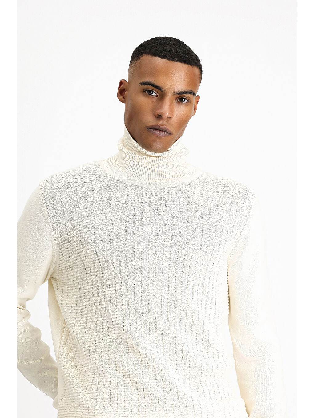 Ekru Balıkçı Yaka Regular Fit Desenli Pamuklu Triko Kazak-2