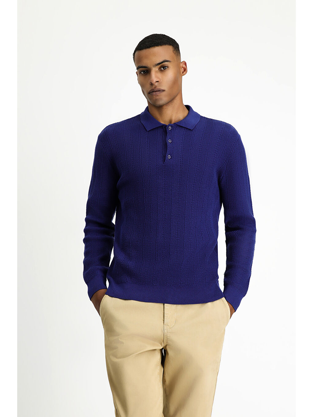 Lacivert Polo Yaka Slim Fit Dar Kesim Desenli Pamuklu Triko Kazak-2