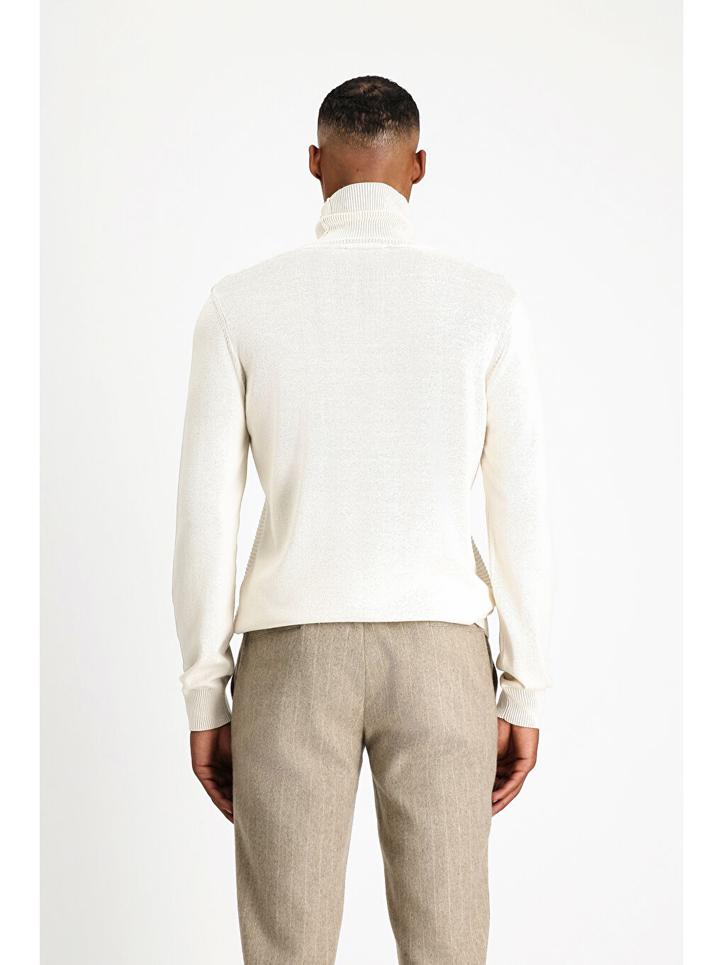 Ekru Balıkçı Yaka Regular Fit Desenli Pamuklu Triko Kazak-3