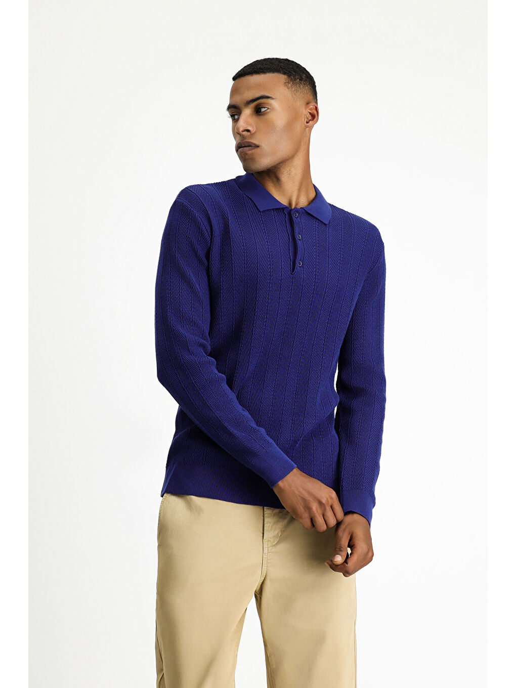 Lacivert Polo Yaka Slim Fit Dar Kesim Desenli Pamuklu Triko Kazak-3