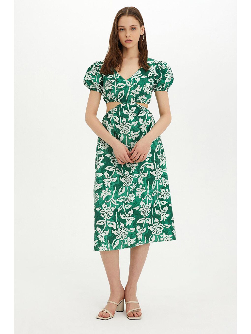 Sherin Kadın Yeşil Çiçek Desenli Bel Dekolteli Yazlık Elbise SWD4426YE-1