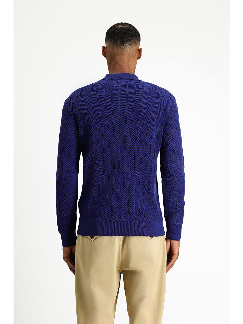 Lacivert Polo Yaka Slim Fit Dar Kesim Desenli Pamuklu Triko Kazak-4