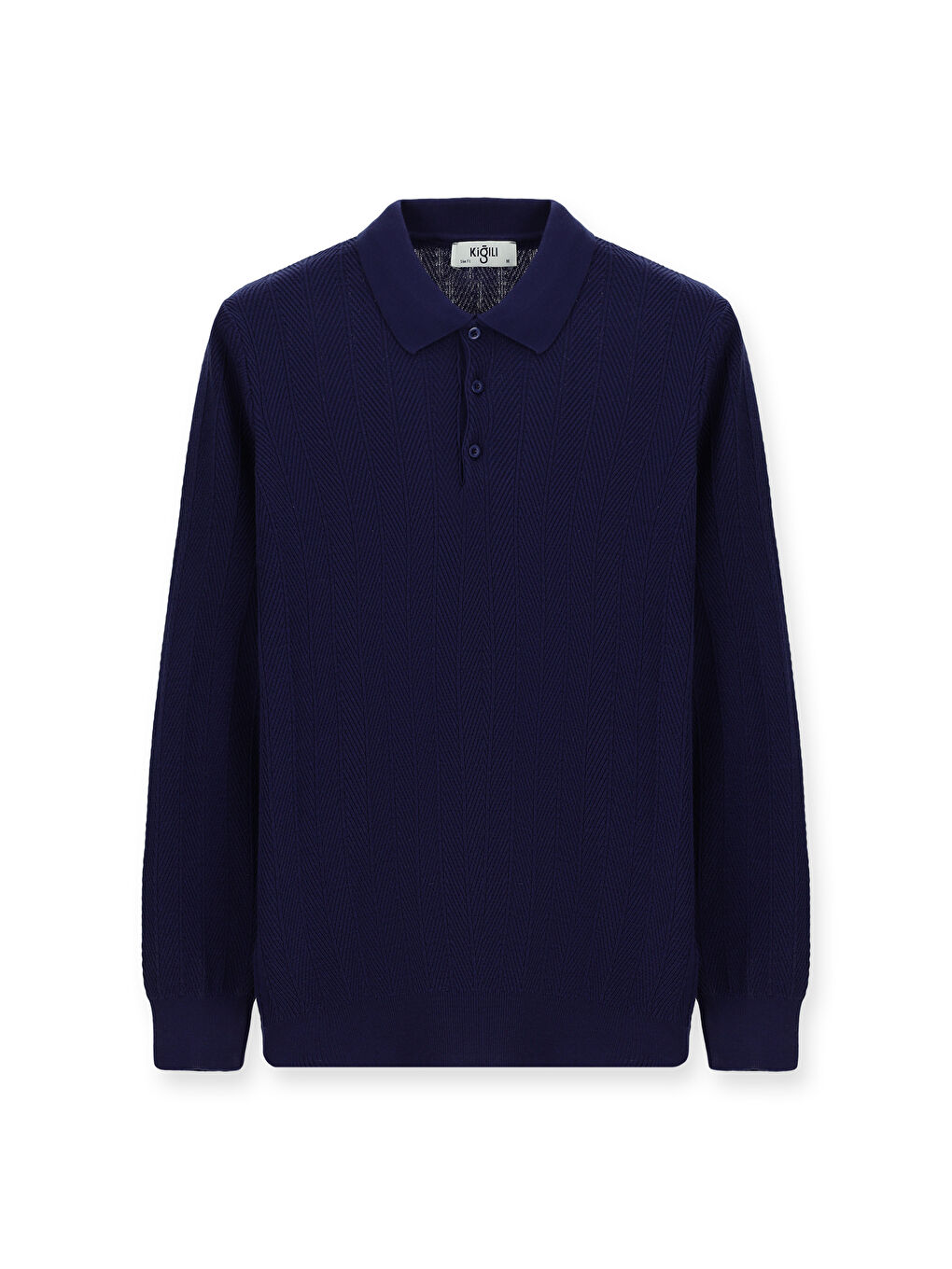 Lacivert Polo Yaka Slim Fit Dar Kesim Desenli Pamuklu Triko Kazak-5