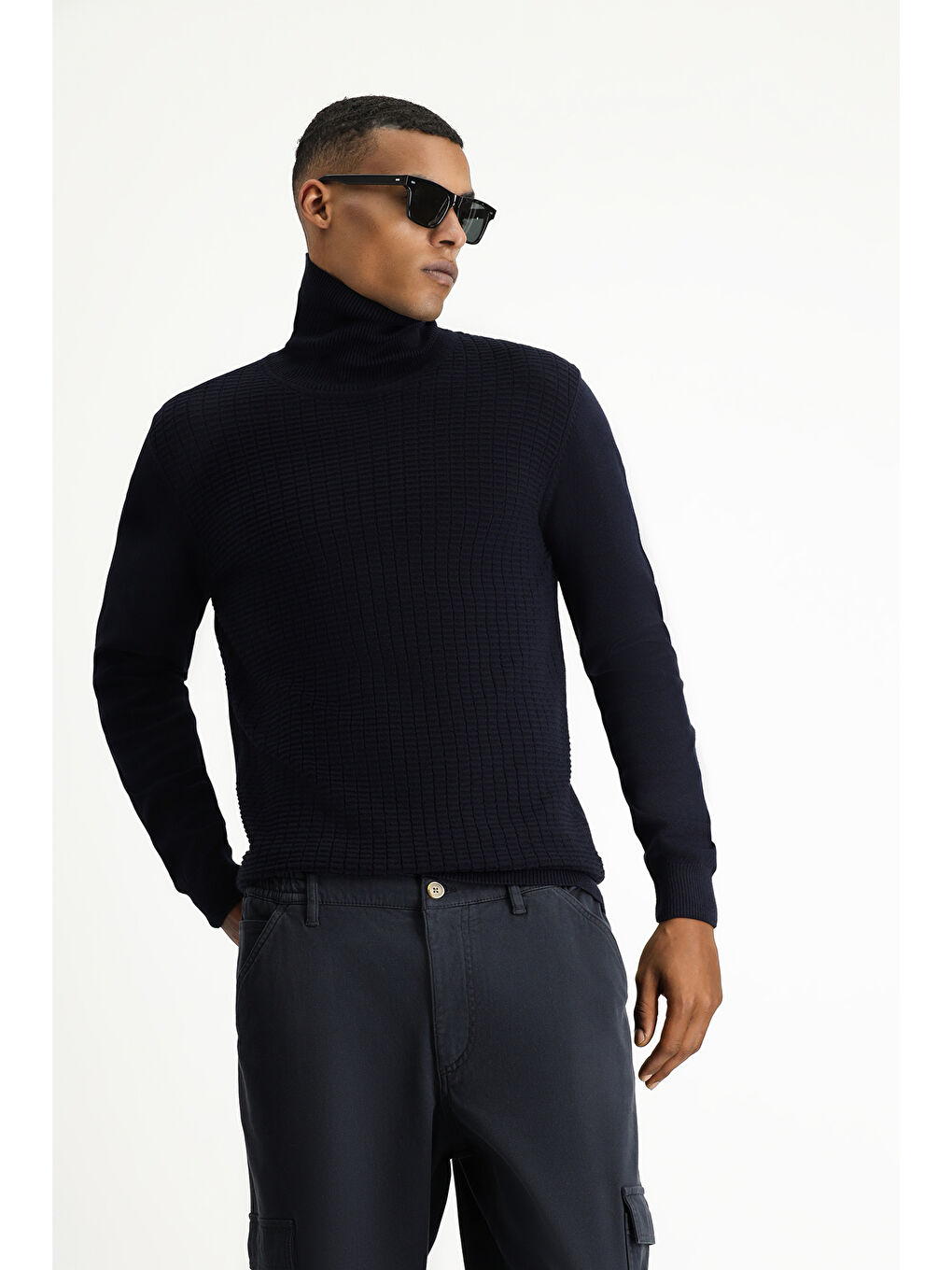 Lacivert Balıkçı Yaka Regular Fit Desenli Pamuklu Triko Kazak-3