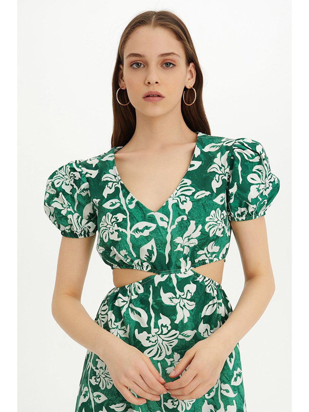 Sherin Kadın Yeşil Çiçek Desenli Bel Dekolteli Yazlık Elbise SWD4426YE-2