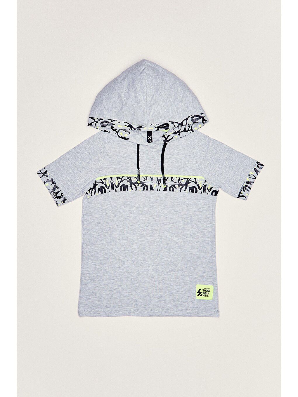 Gri Kapüşonlu Baskılı Çocuk Tişört