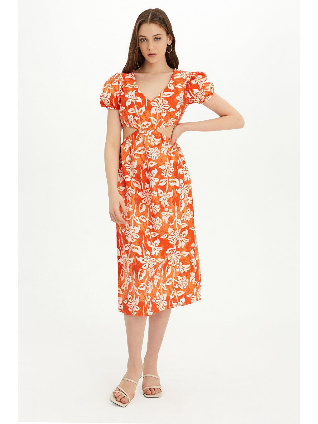 Sherin Kadın Turuncu Çiçek Desenli Bel Dekolteli Yazlık Elbise SWD4426TU