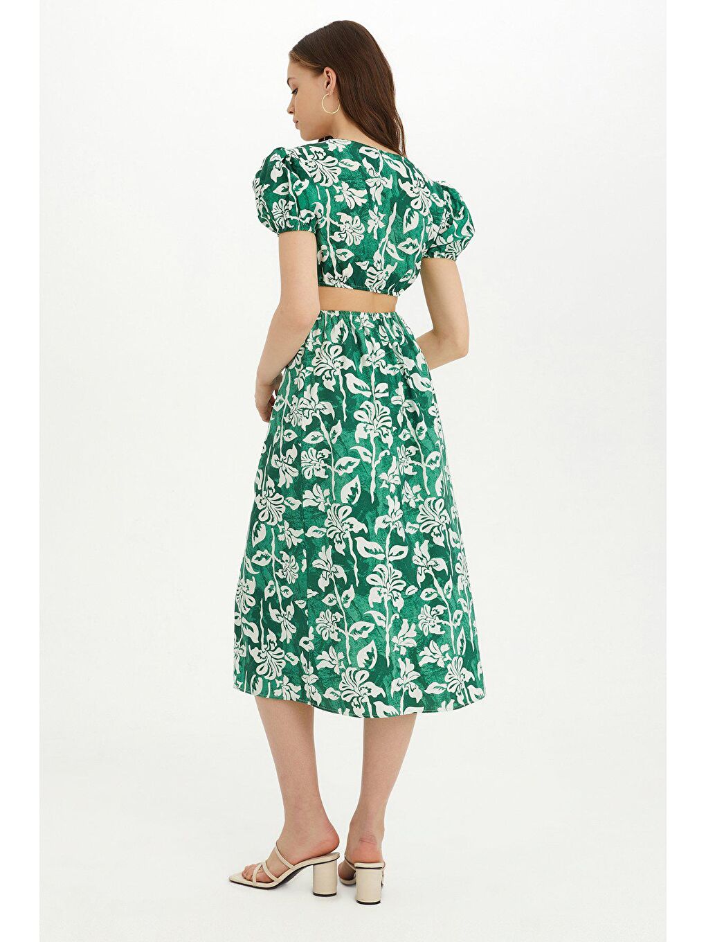 Sherin Kadın Yeşil Çiçek Desenli Bel Dekolteli Yazlık Elbise SWD4426YE-4