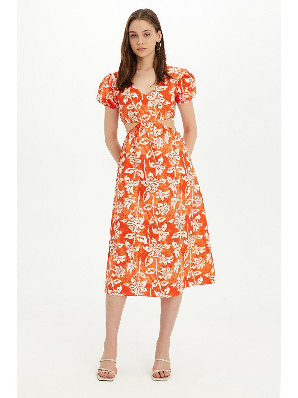 Sherin Kadın Turuncu Çiçek Desenli Bel Dekolteli Yazlık Elbise SWD4426TU-1