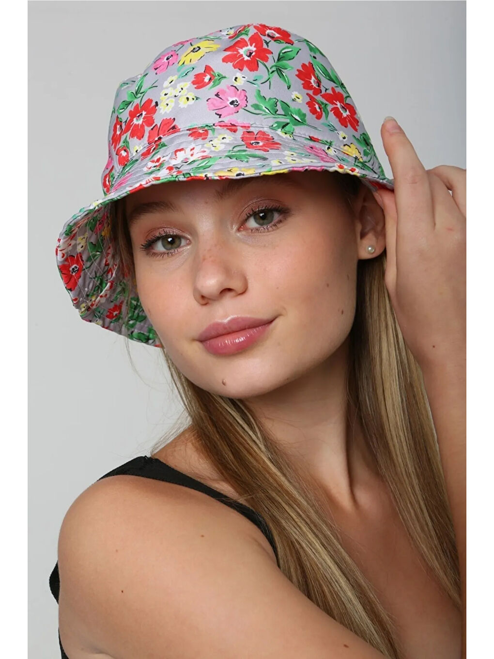 Beyaz Desenli Bucket Şapka RŞ-112 02 Gri Çiçek-2