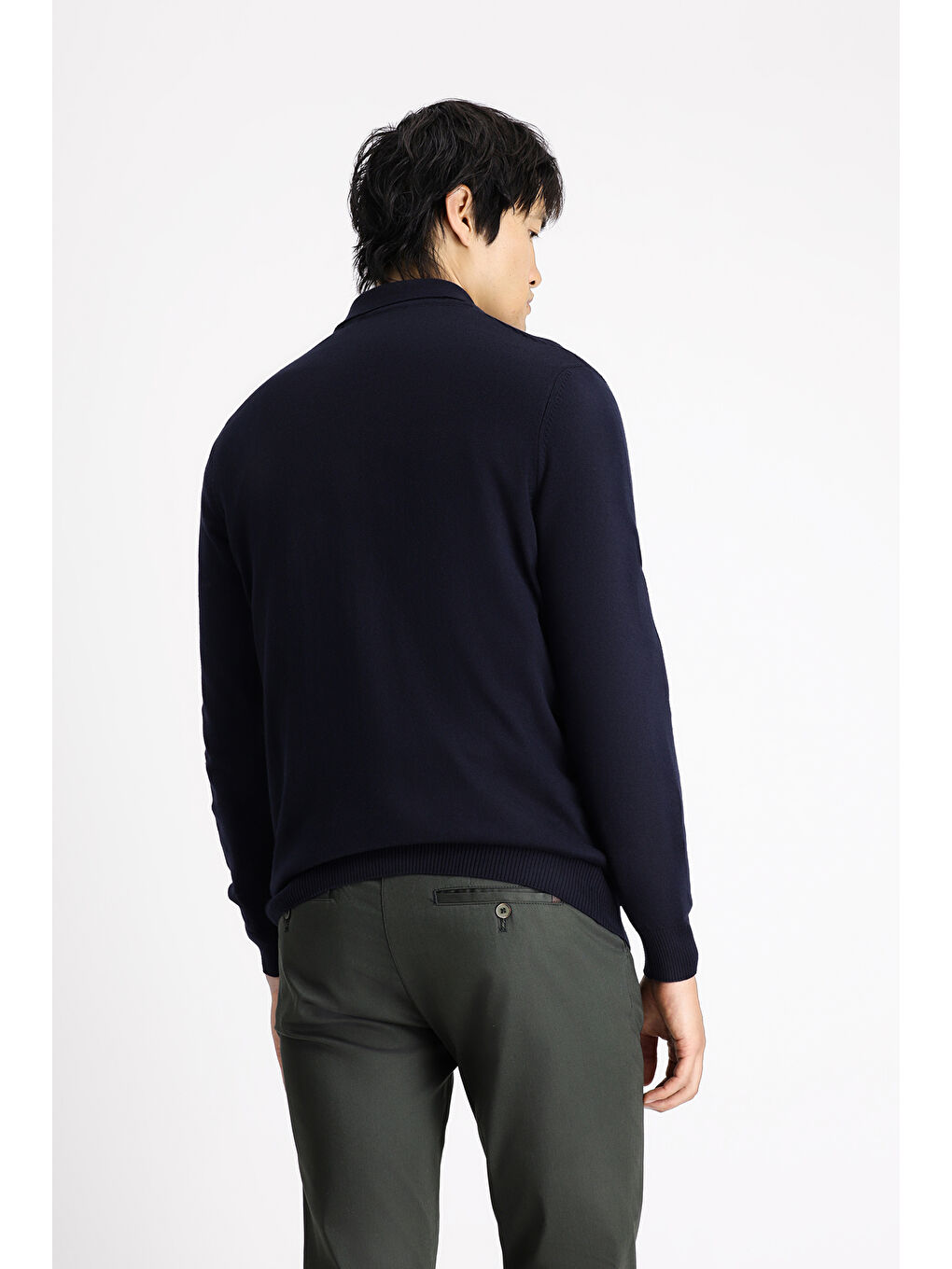 Lacivert Polo Yaka Regular Fit Fermuarlı Desenli Pamuklu Triko Kazak-3