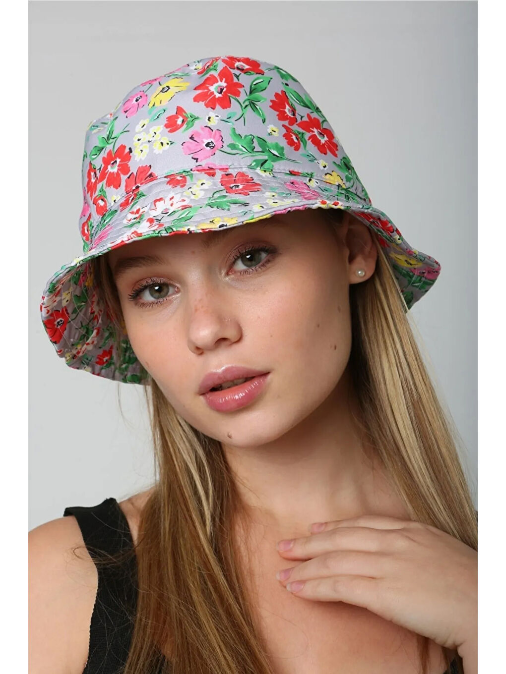 Beyaz Desenli Bucket Şapka RŞ-112 02 Gri Çiçek-3