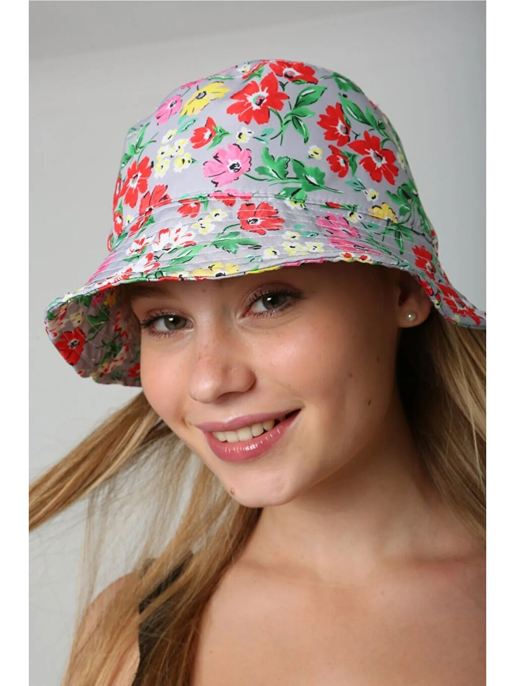 Beyaz Desenli Bucket Şapka RŞ-112 02 Gri Çiçek-4