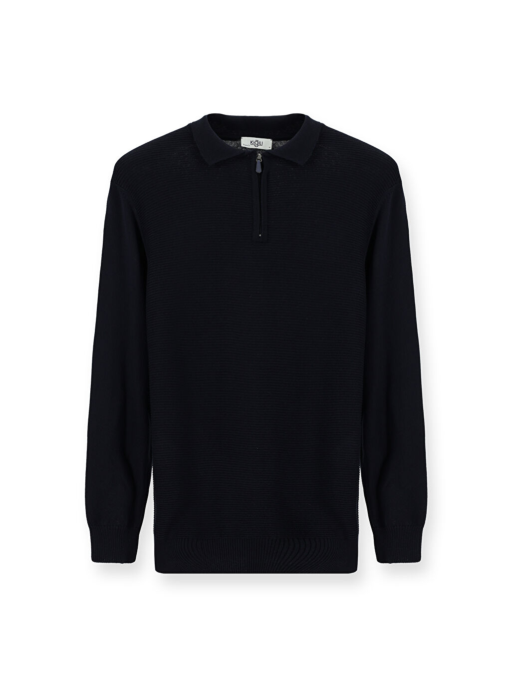 Lacivert Polo Yaka Regular Fit Fermuarlı Desenli Pamuklu Triko Kazak-4