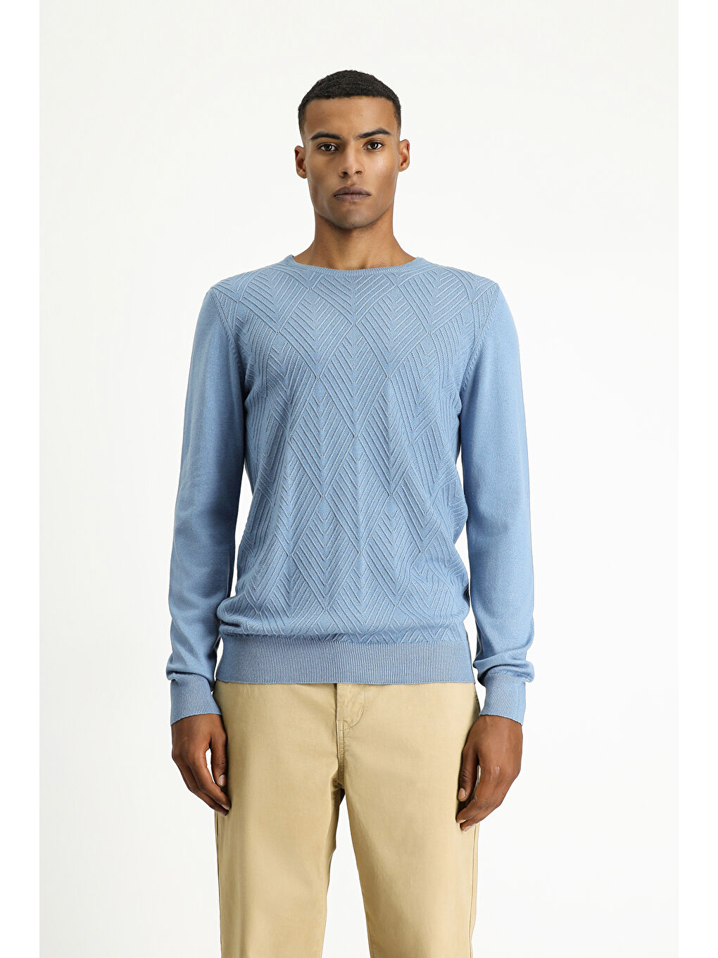 Mavi Bisiklet Yaka Slim Fit Dar Kesim Desenli Pamuklu Triko Büyük Beden Kazak-3