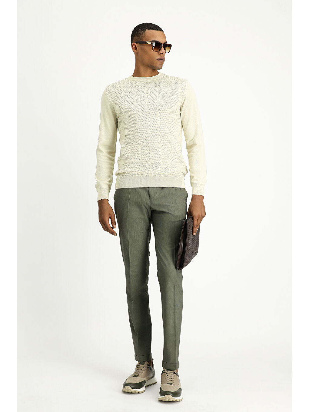 Bej Bisiklet Yaka Slim Fit Dar Kesim Desenli Pamuklu Triko Büyük Beden Kazak-2