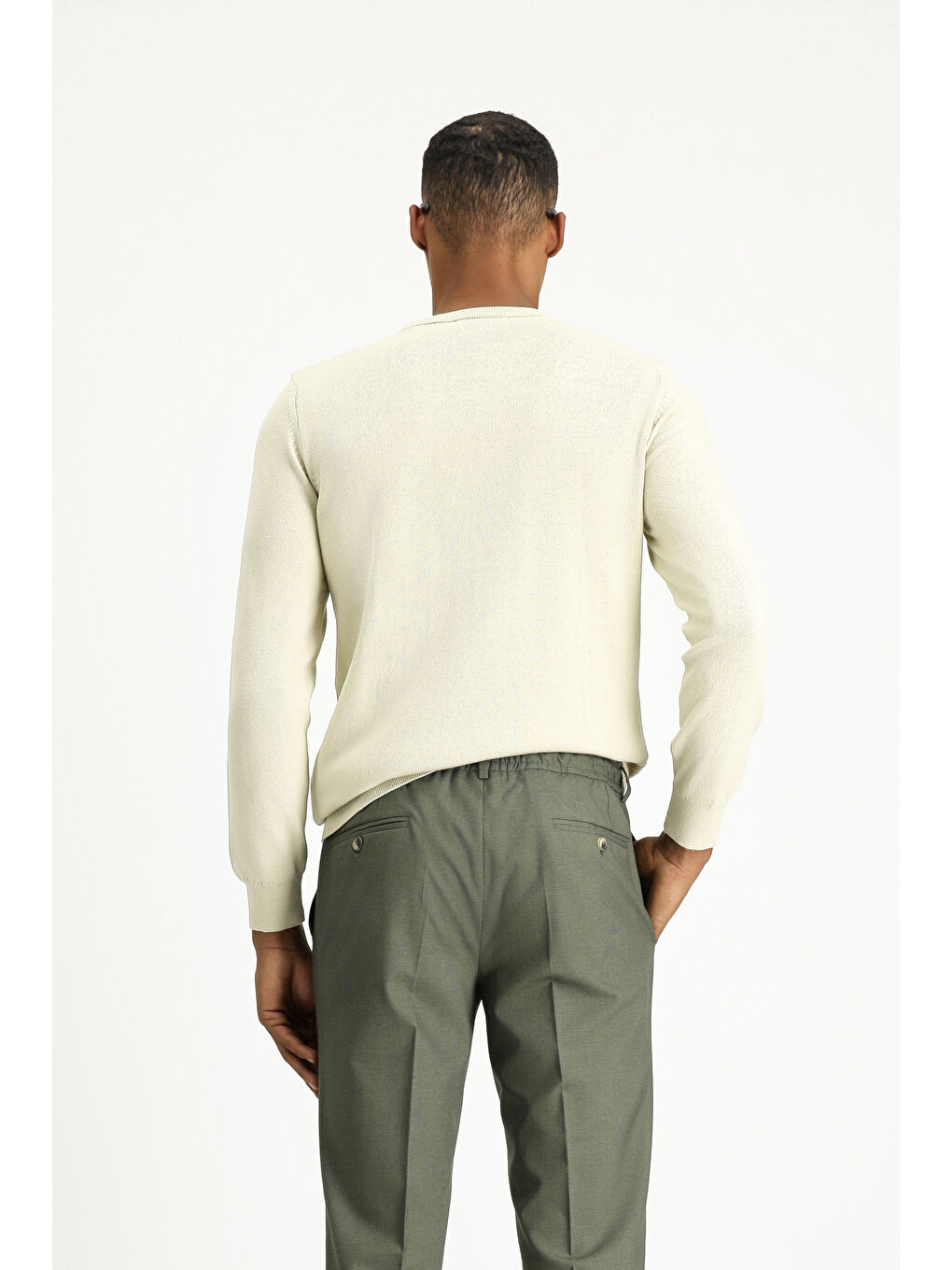 Bej Bisiklet Yaka Slim Fit Dar Kesim Desenli Pamuklu Triko Büyük Beden Kazak-4