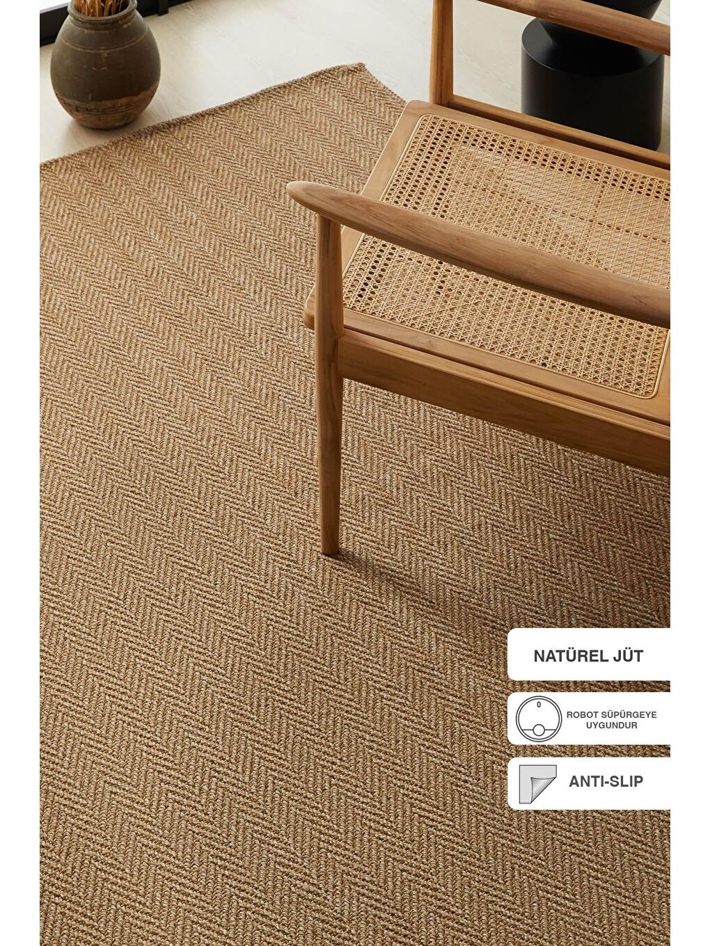 Bej Yıkanabilir Jüt Görünümlü Naturel Renk Balıksırtı Halı Kilim 200 x 290 cm