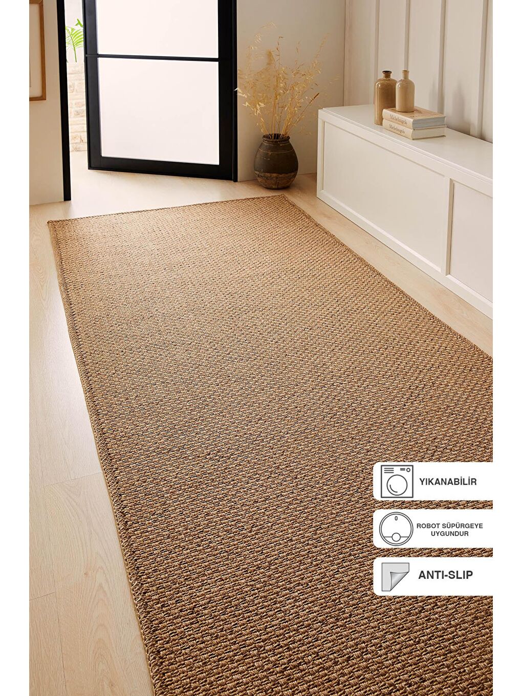 Bej Yıkanabilir Jüt Görünümlü Naturel Renk Hasır Desenli Halı Kilim 100 x 300 cm