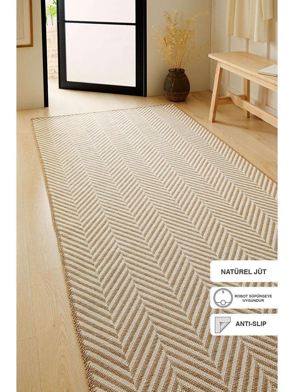 Ekru Renk Balıksırtı Jüt Halı Kilim 100 x 300 cm