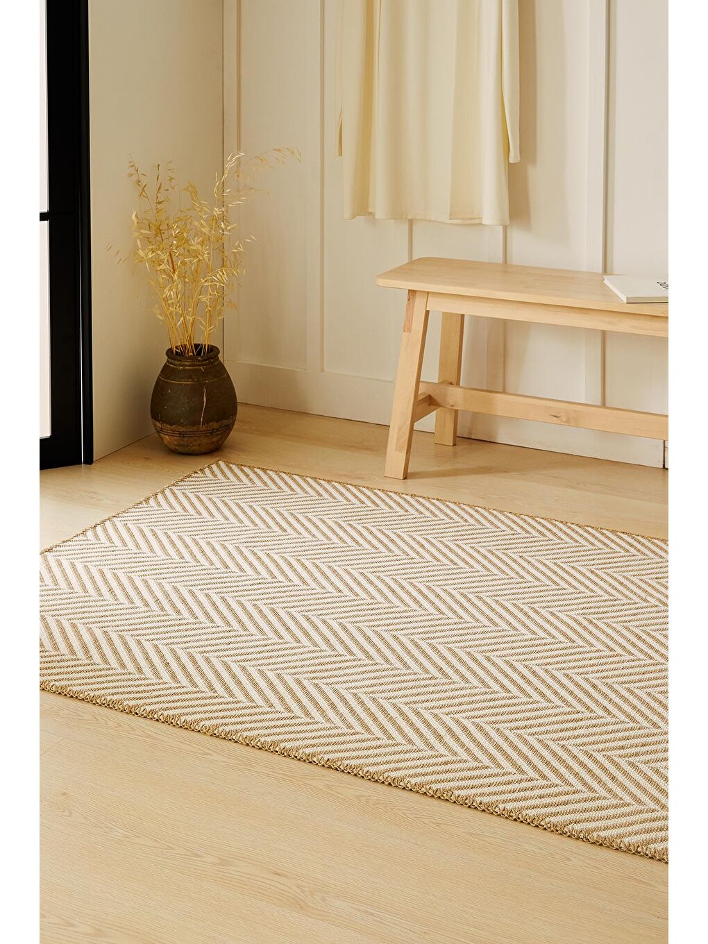 Ekru Renk Balıksırtı Jüt Halı Kilim 100 x 300 cm-3