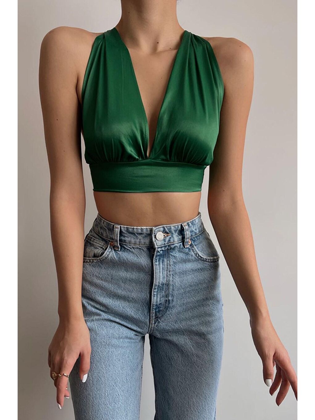 Yeşil Bağlamalı Saten Crop Top MG1396