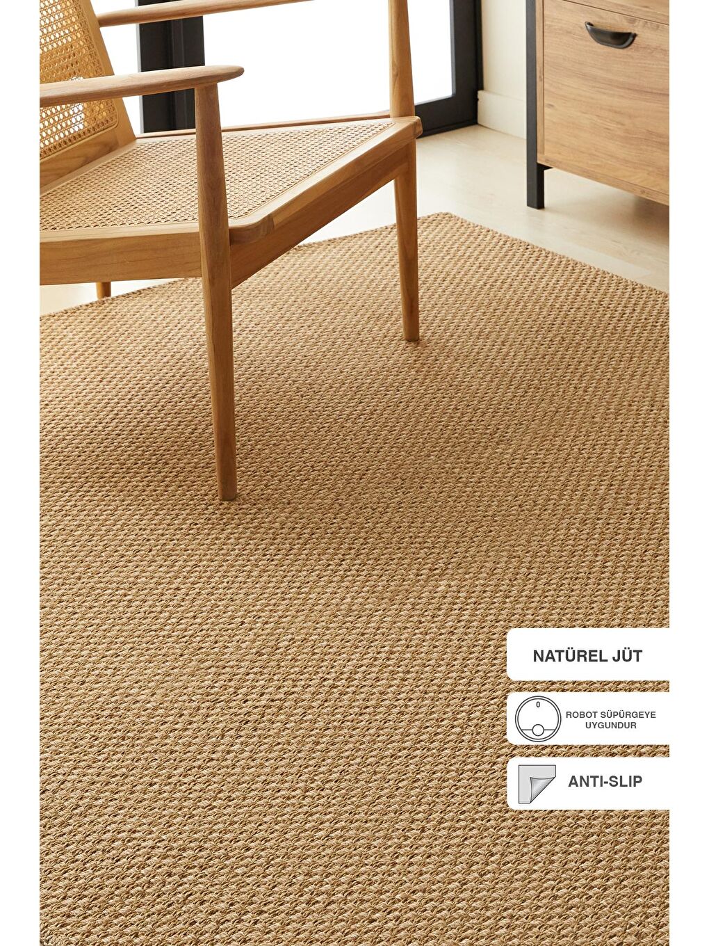 Bej Yıkanabilir Jüt Görünümlü Hasır Desenli Kilim 200 x 290 cm