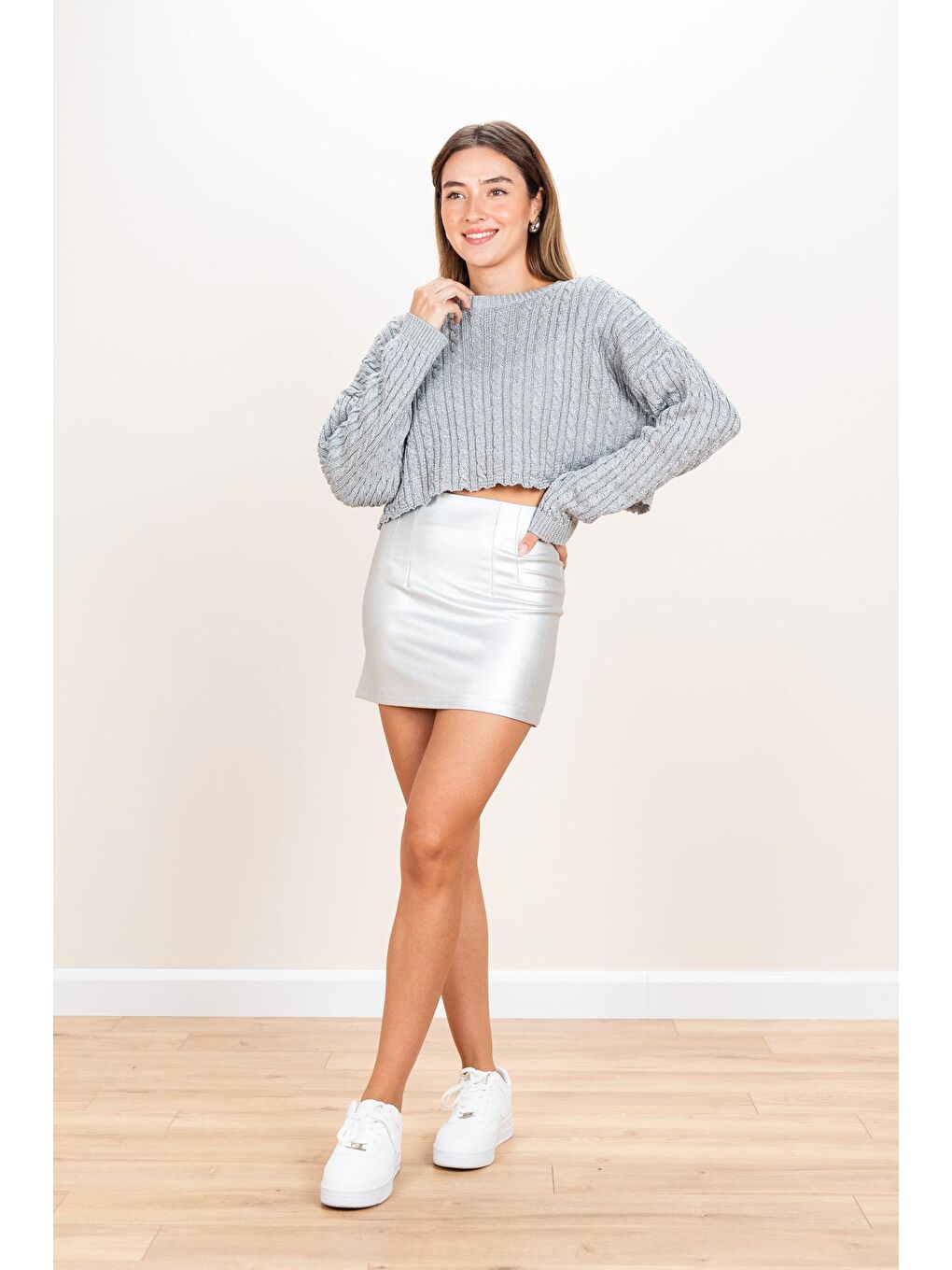 Kadın Gri Selanik Örgü Simli Kazak