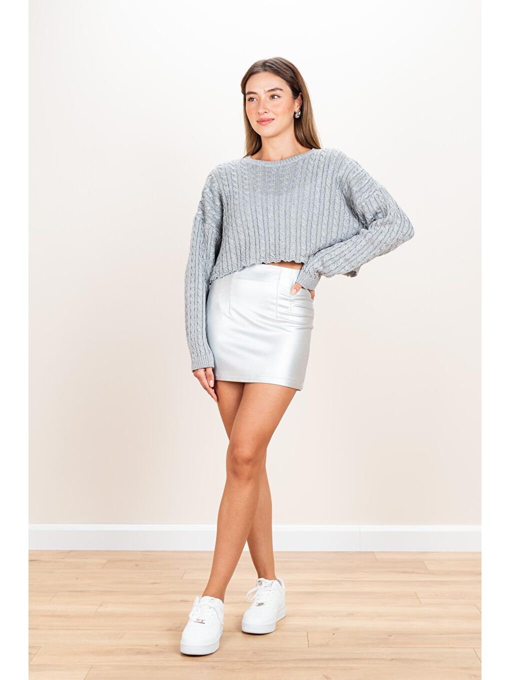 Kadın Gri Selanik Örgü Simli Kazak-2