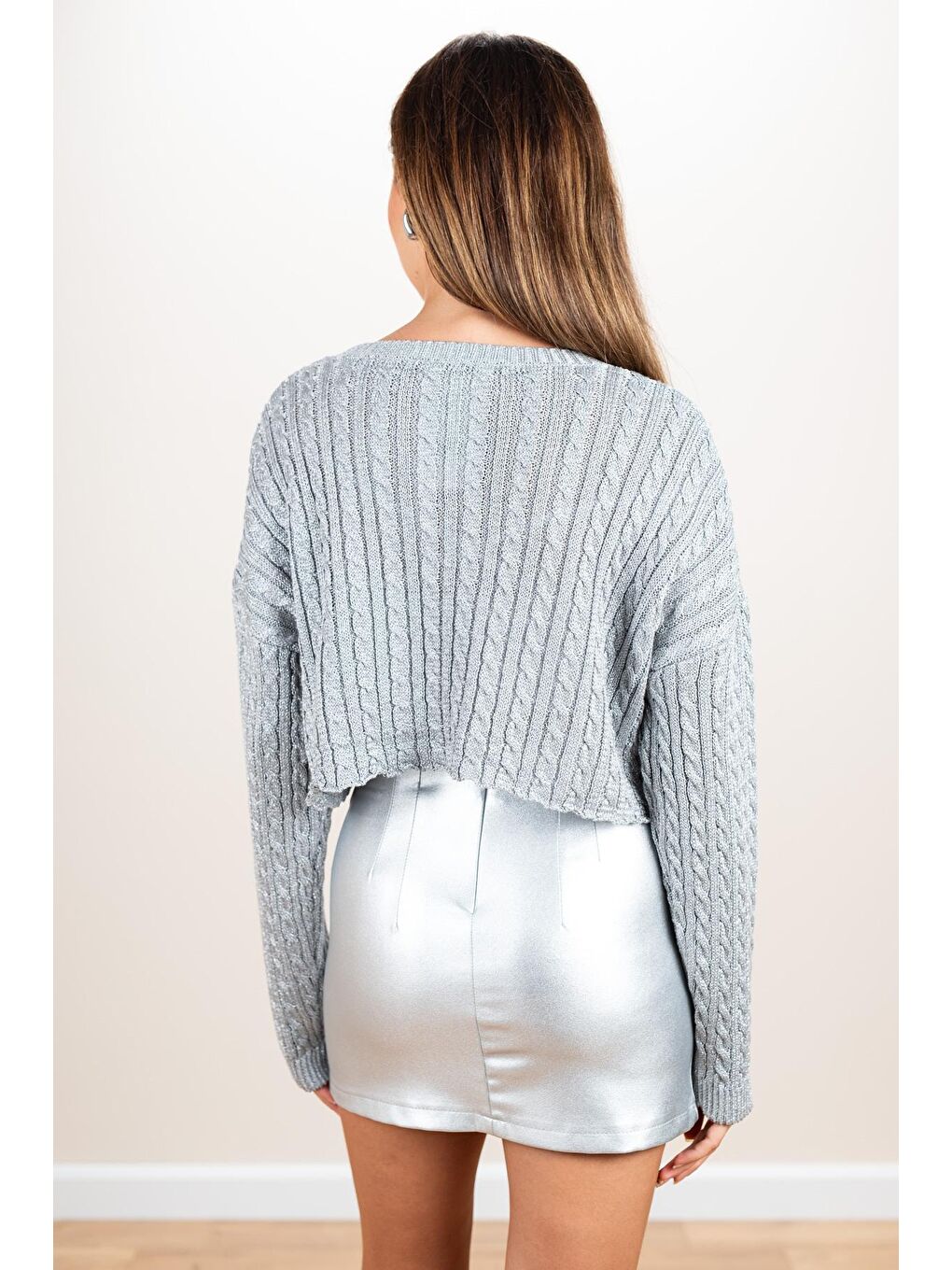 Kadın Gri Selanik Örgü Simli Kazak-3