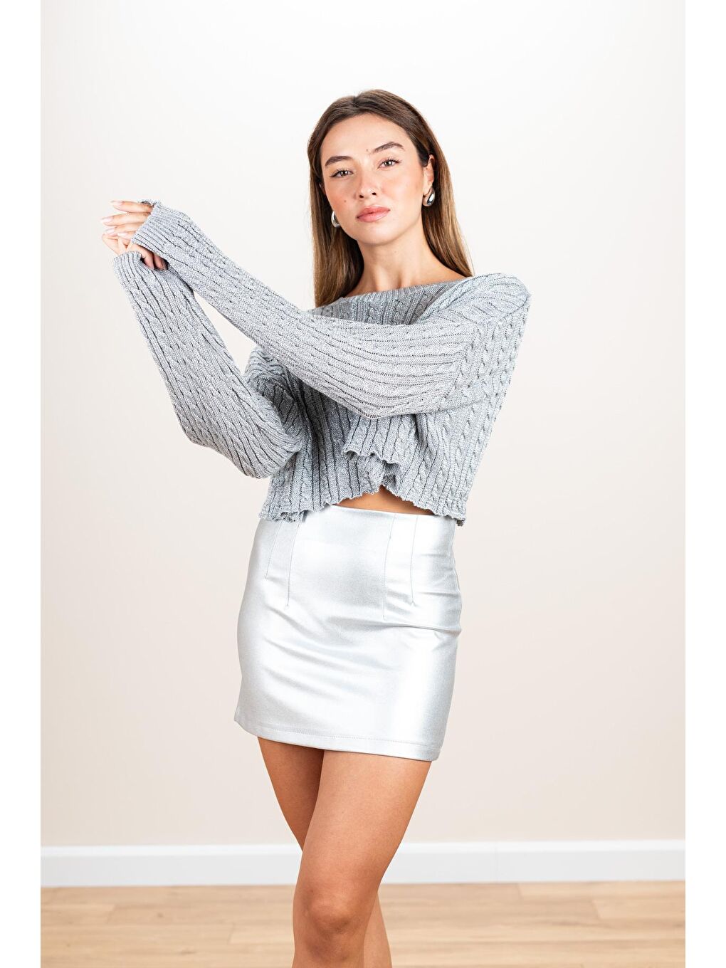 Kadın Gri Selanik Örgü Simli Kazak-4