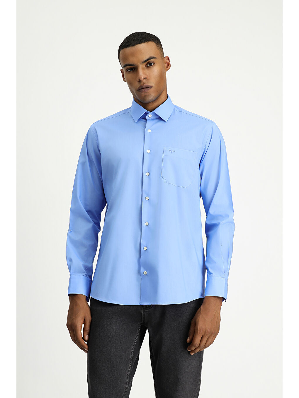 Mavi Uzun Kol Klasik Pamuklu Kolay Ütülenebilir Gömlek-3