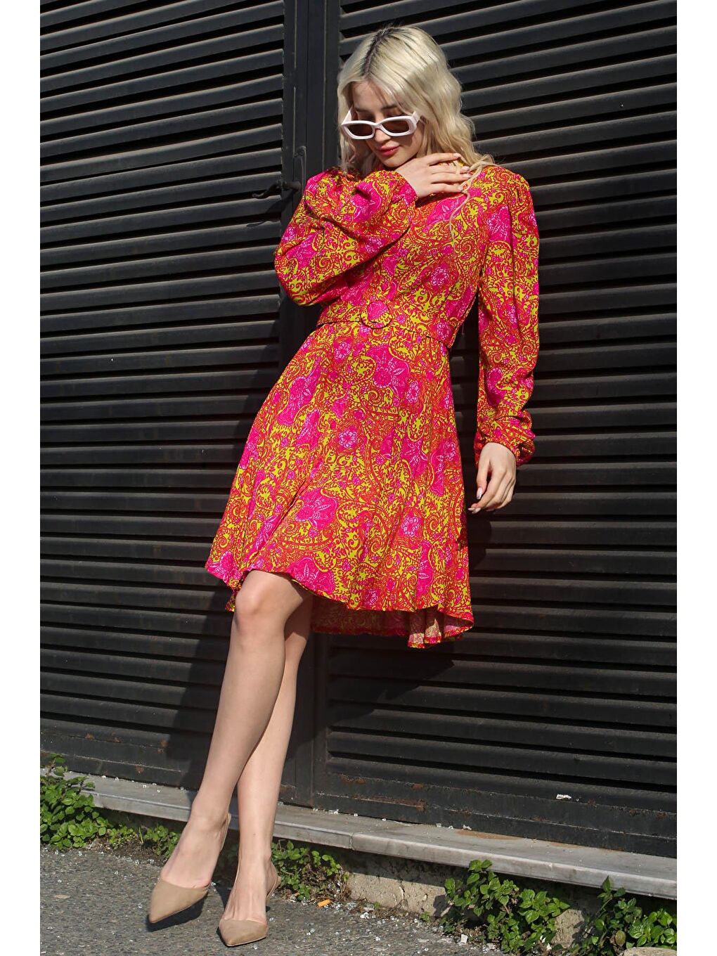 Fuşya Çiçek Desenli Gömlek Yaka Mini Elbise Mg1823