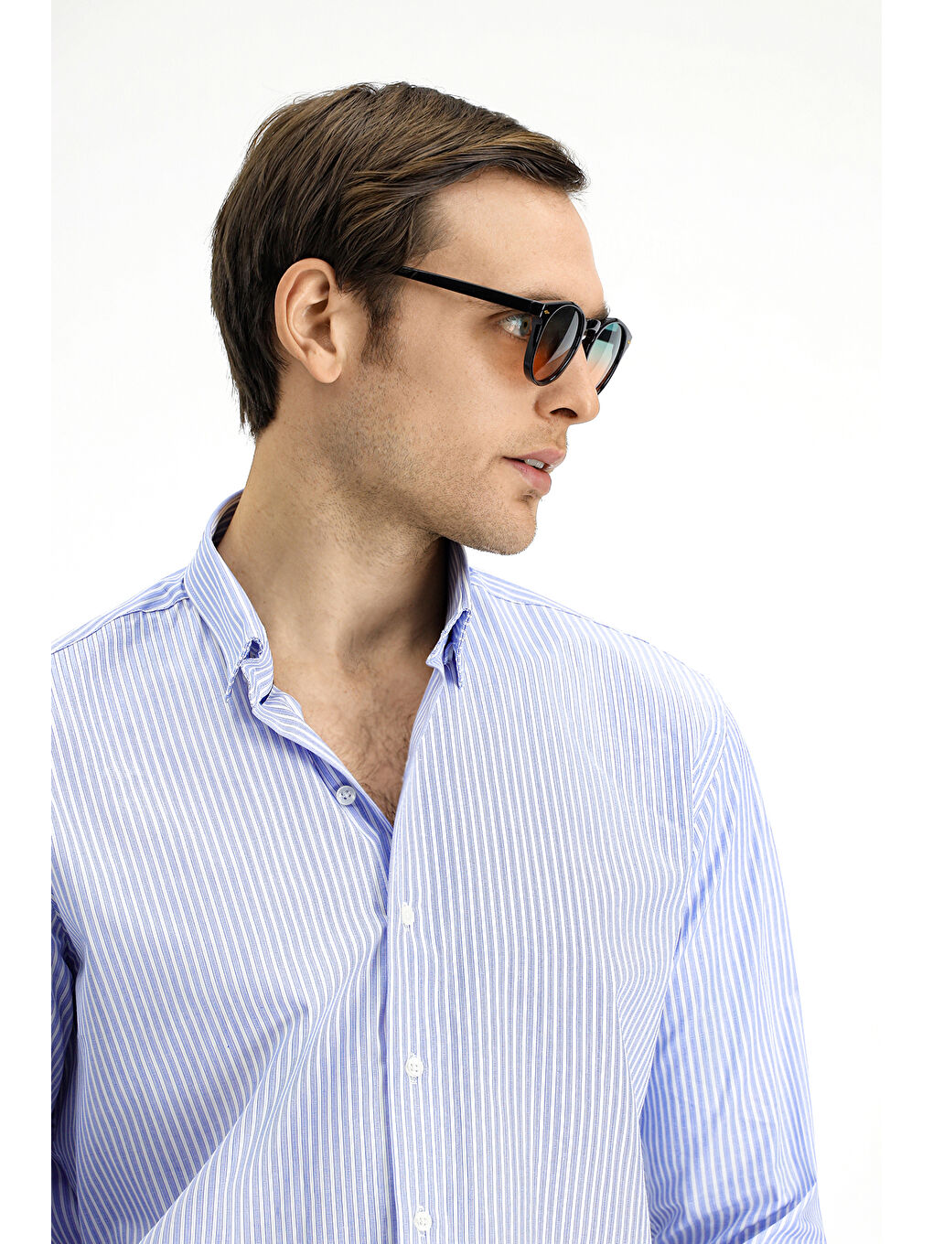 Mavi Uzun Kol Klasik Çizgili Pamuk %100 Pamuk Gömlek-2