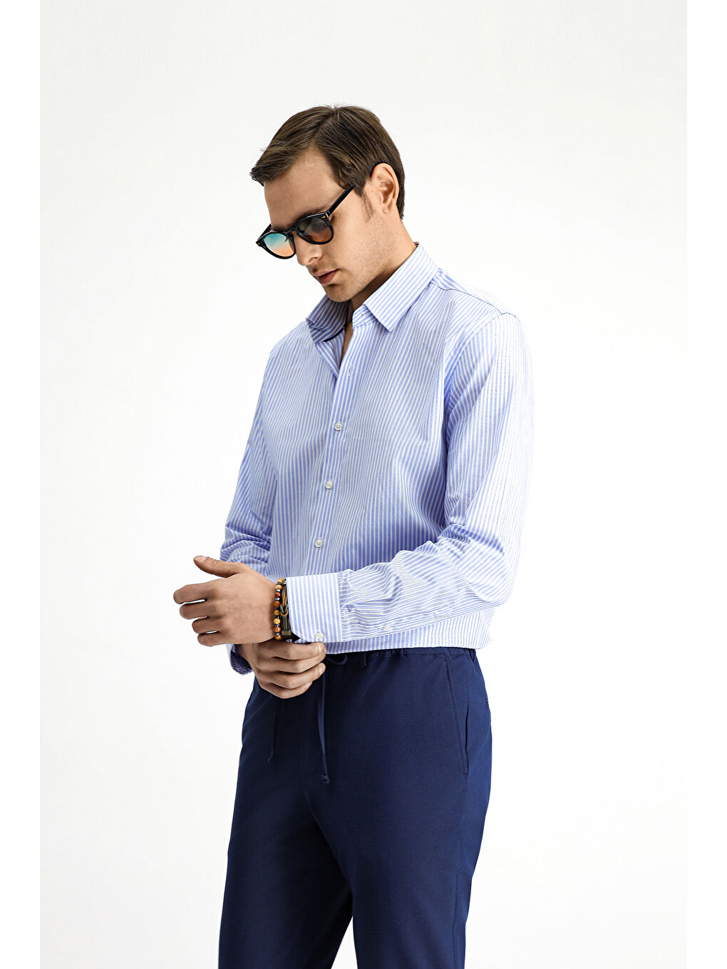 Mavi Uzun Kol Klasik Çizgili Pamuk %100 Pamuk Gömlek-3