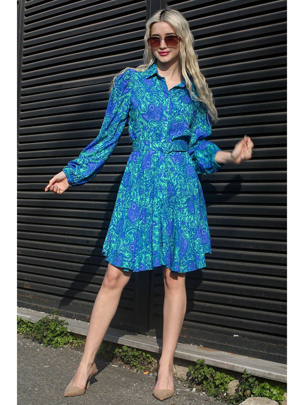 Mavi Çiçek Desenli Gömlek Yaka Mini Elbise Mg1823