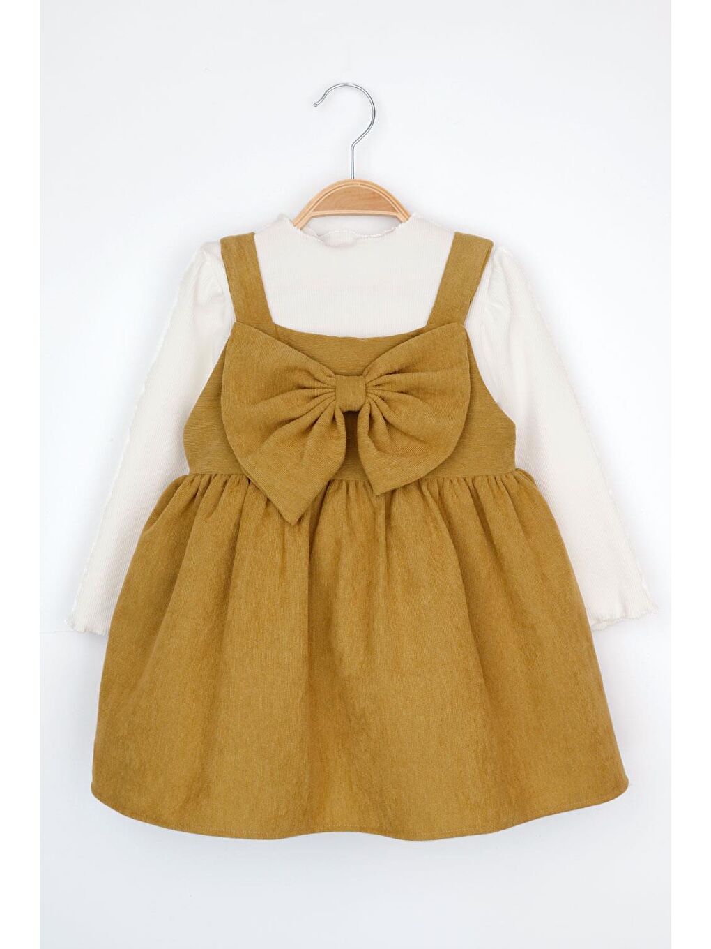 Sarı Hardal  Önü Fiyonklu Kadife 2'li Jile Kız Çocuk Takım - Amite