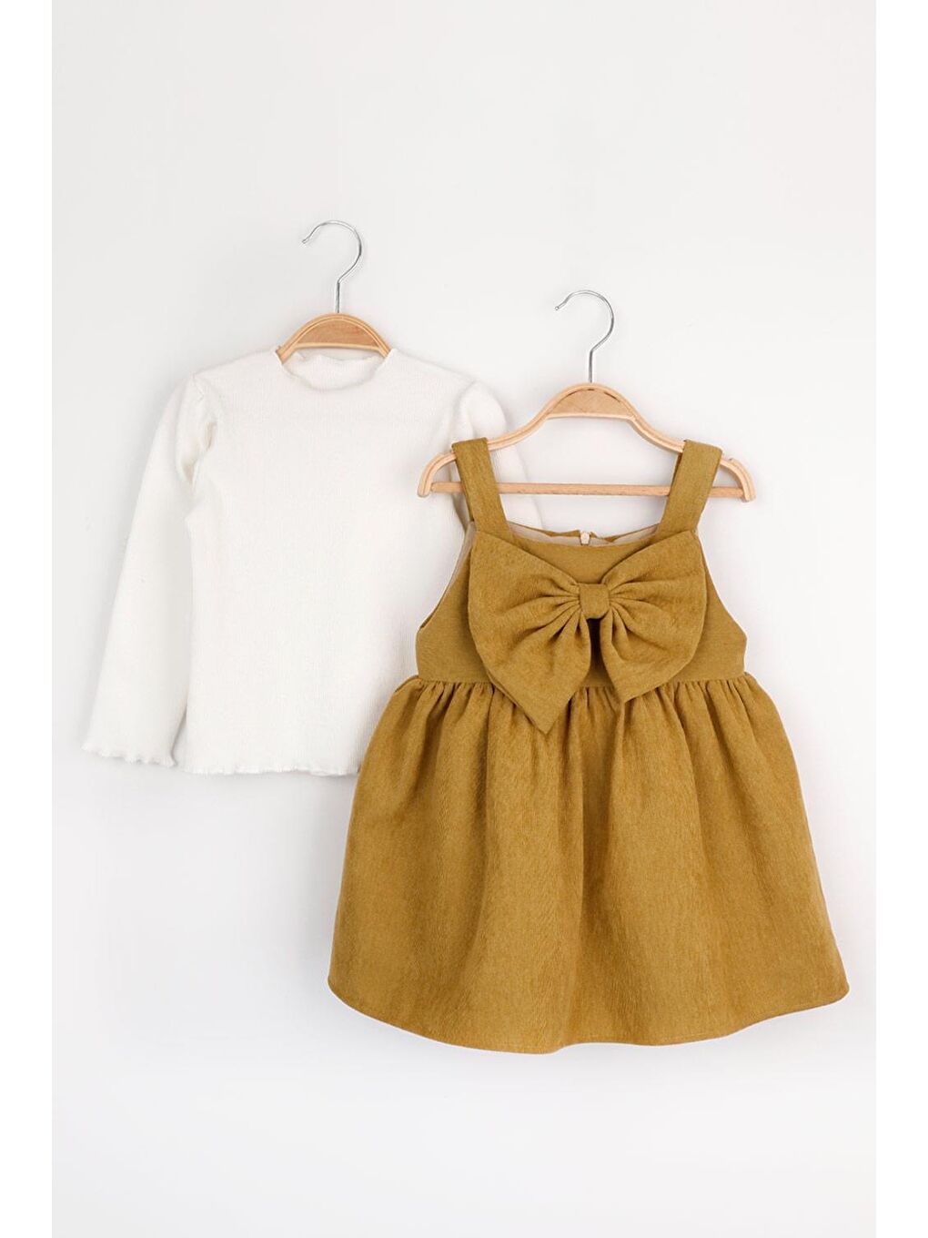 Sarı Hardal  Önü Fiyonklu Kadife 2'li Jile Kız Çocuk Takım - Amite-2
