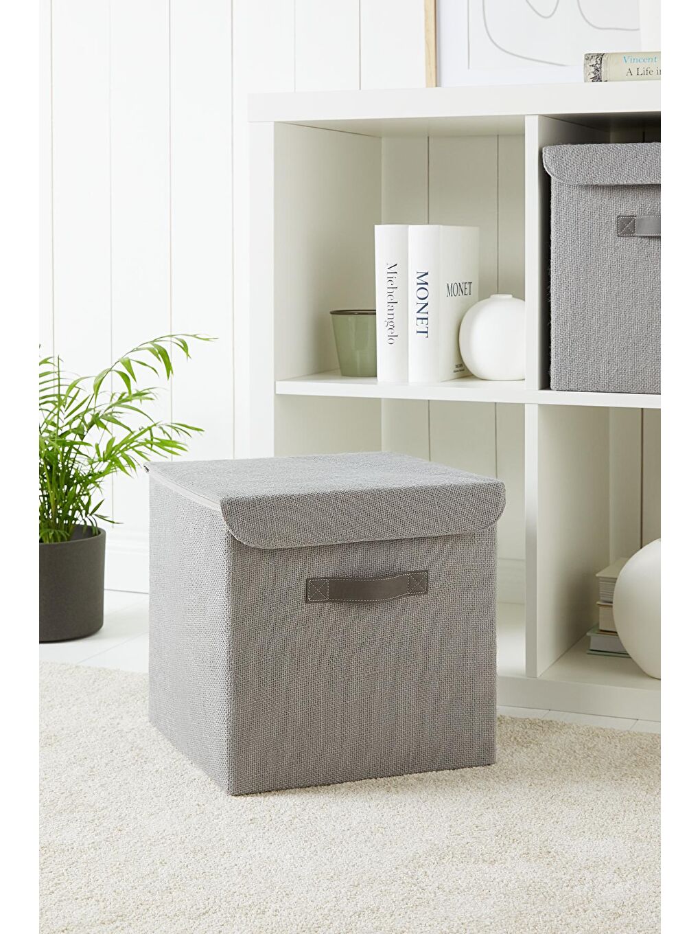 2'li Gri Renk Jüt Kapaklı Kutu Set 30x30x30 cm-1