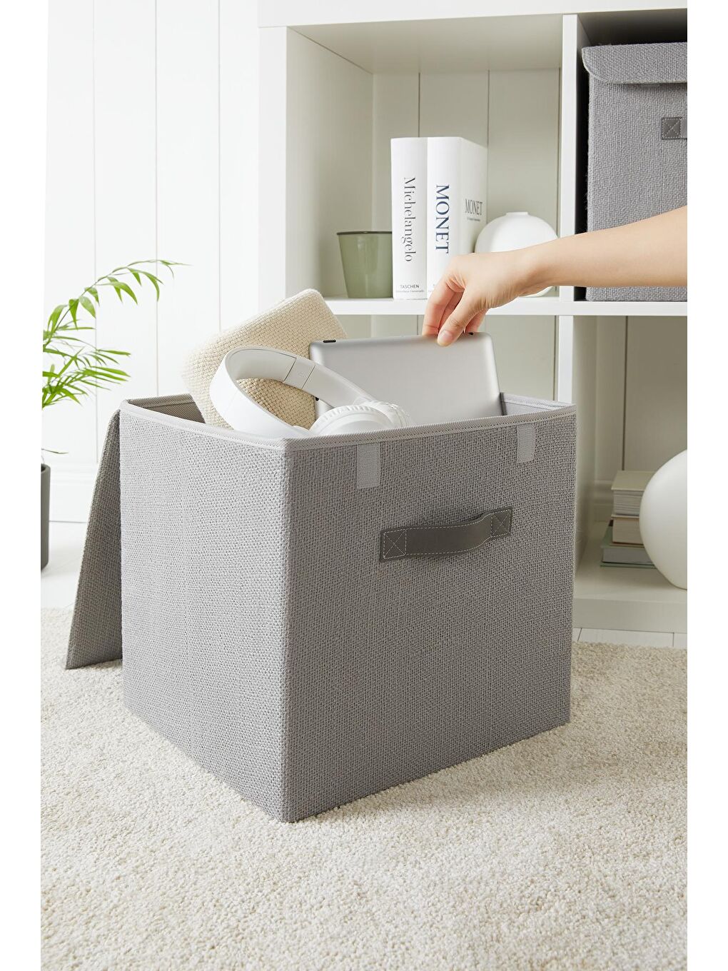 2'li Gri Renk Jüt Kapaklı Kutu Set 30x30x30 cm-2