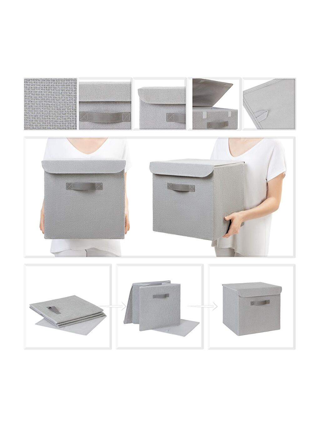 2'li Gri Renk Jüt Kapaklı Kutu Set 30x30x30 cm-3