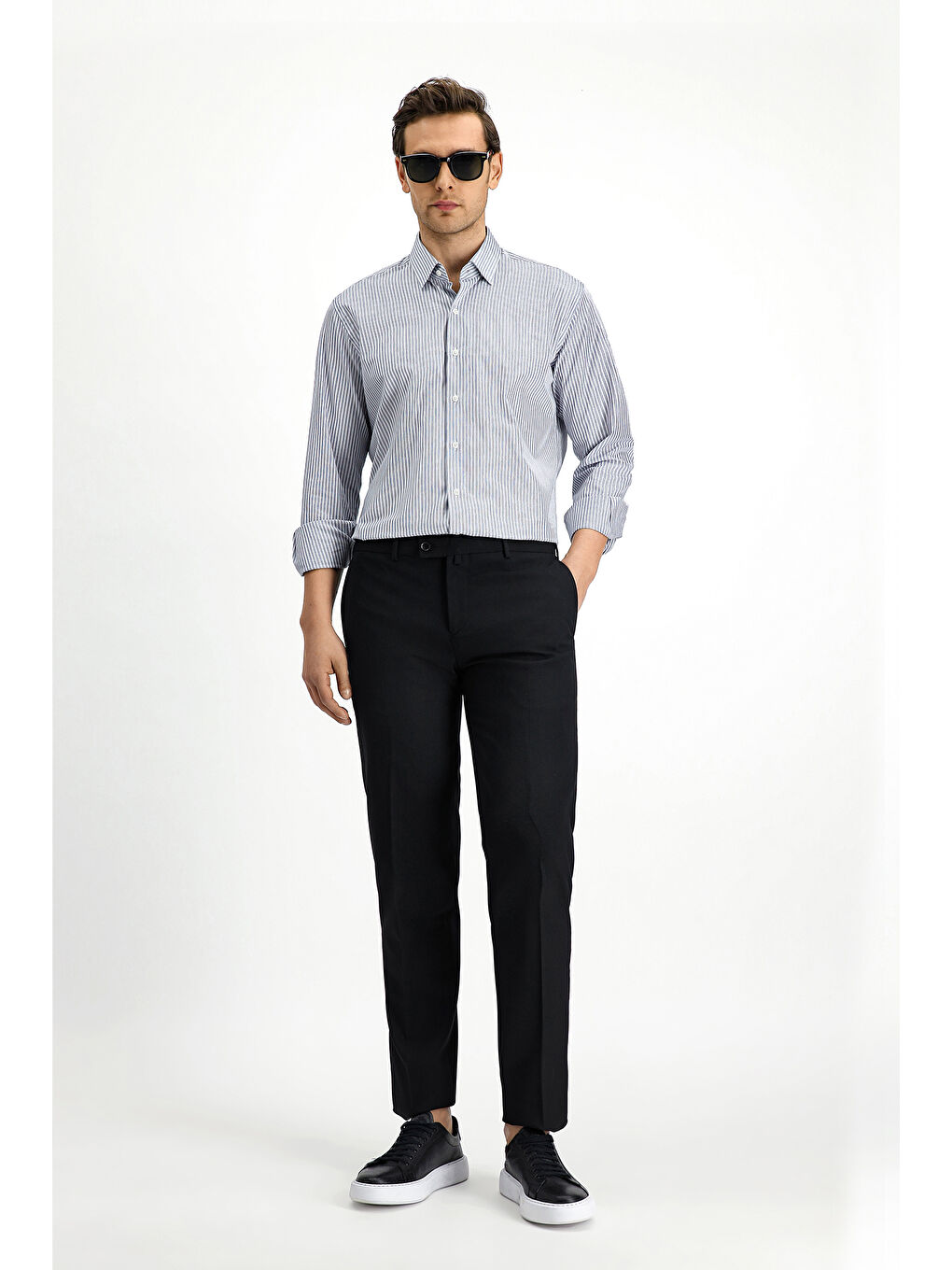 Lacivert Uzun Kol Klasik Çizgili Pamuk Gömlek-2