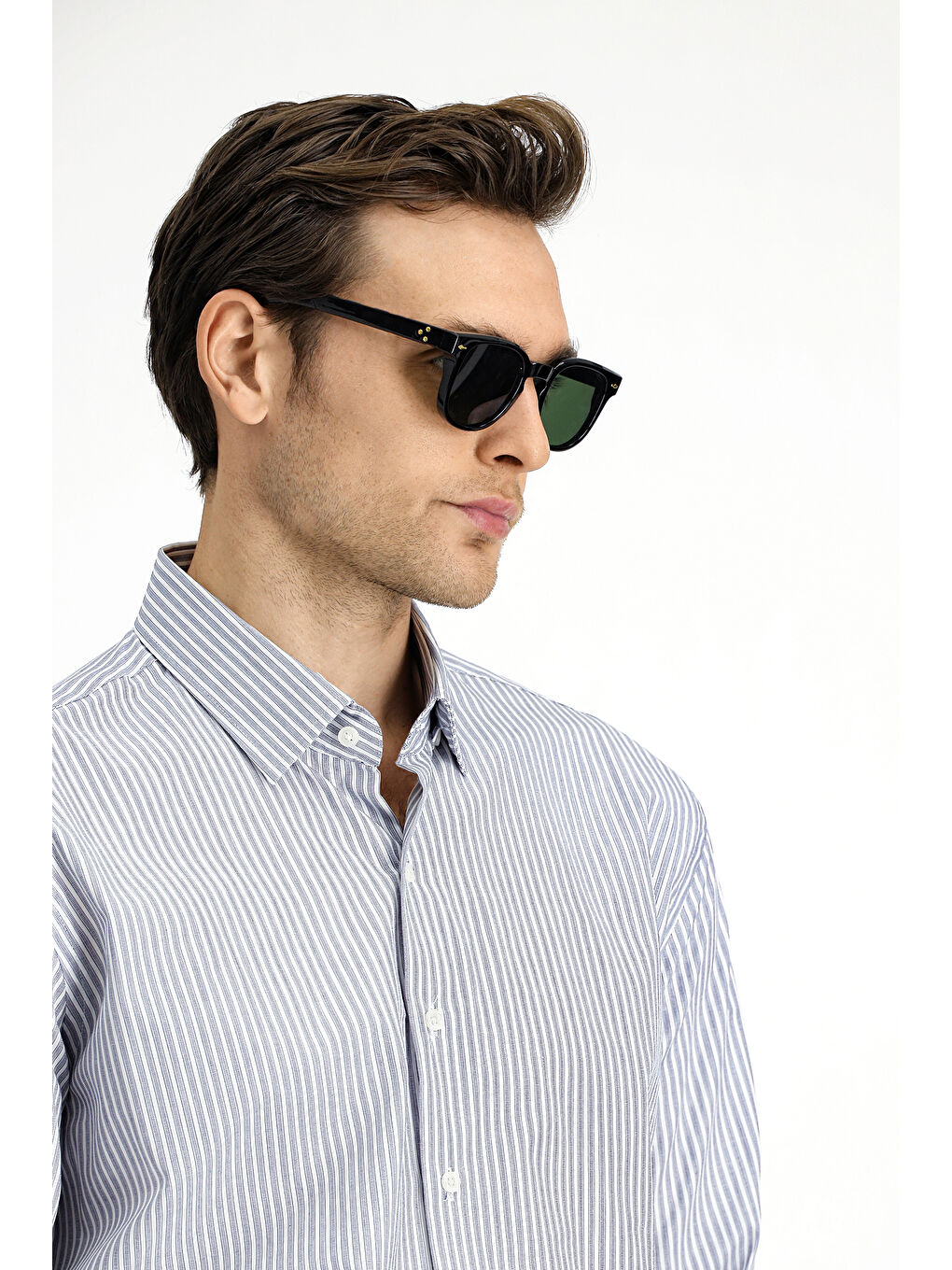 Lacivert Uzun Kol Klasik Çizgili Pamuk Gömlek-3