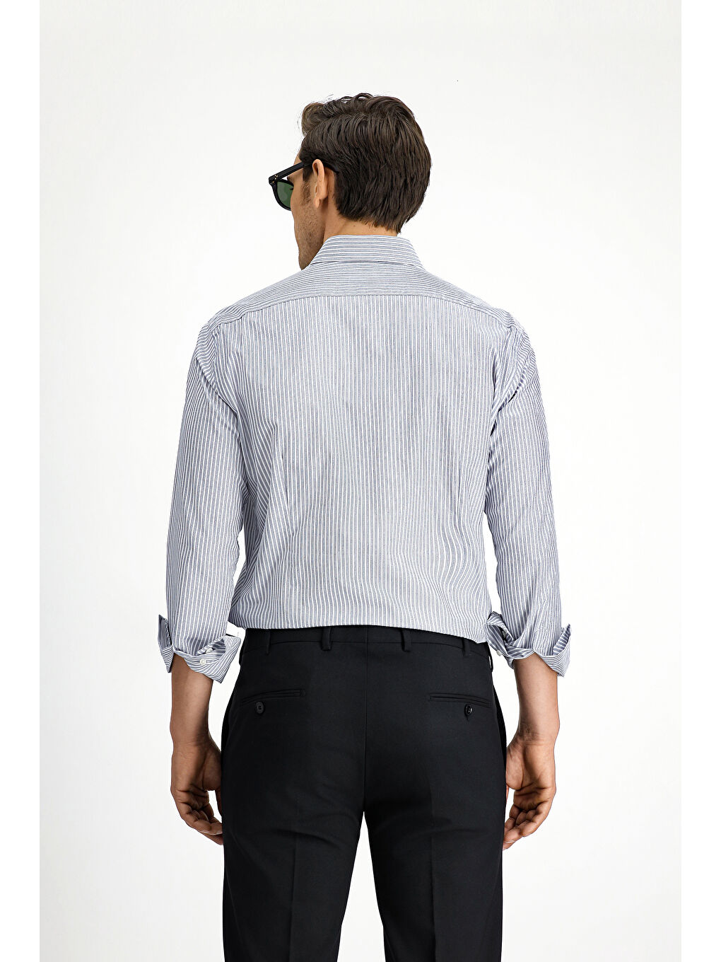 Lacivert Uzun Kol Klasik Çizgili Pamuk Gömlek-4