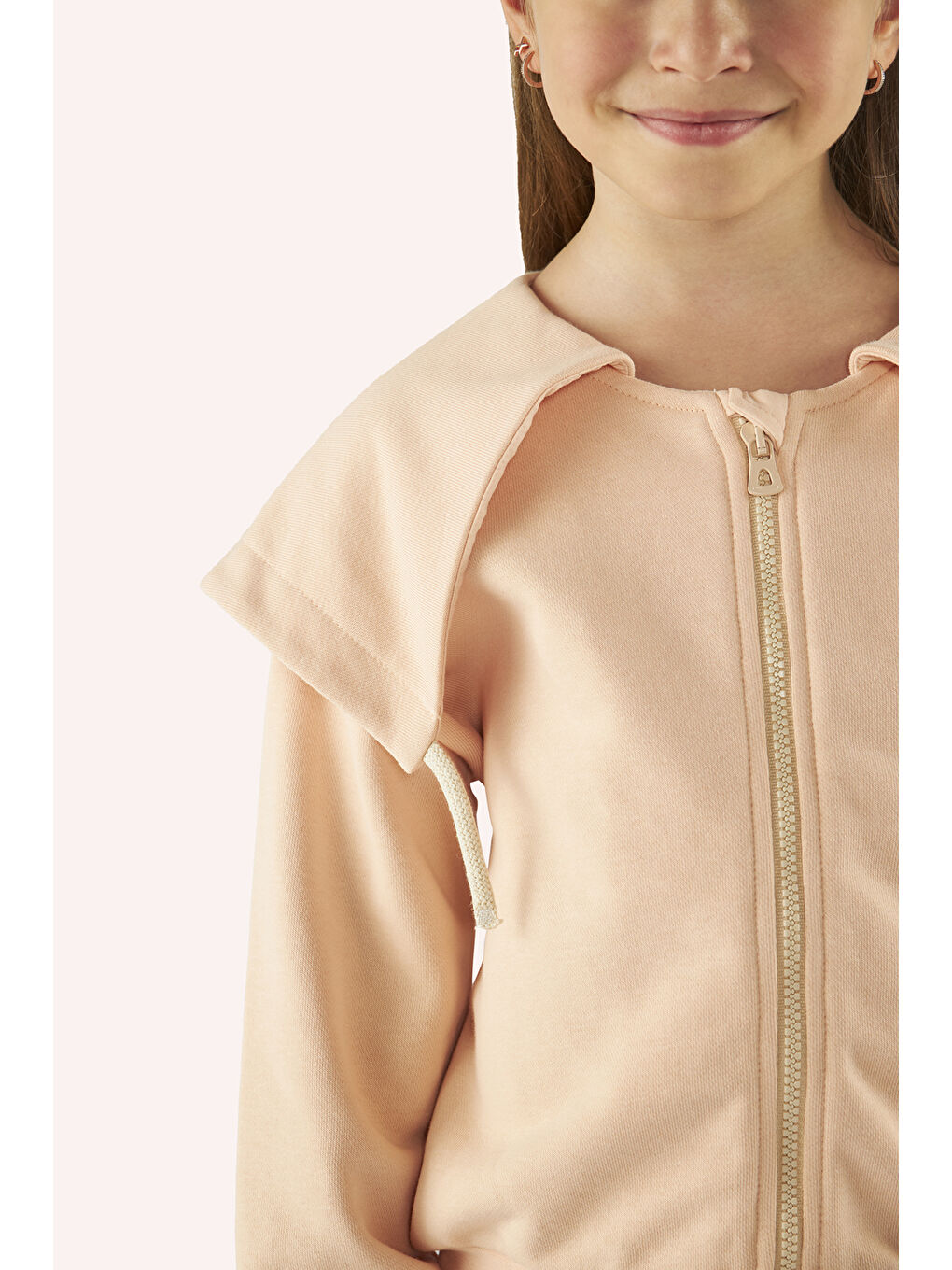 Pembe Kız Çocuk Geniş Yaka Detaylı Fermuarlı Somon Sweatshirt-1