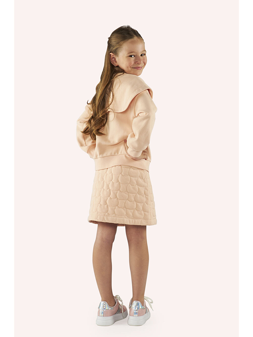 Pembe Kız Çocuk Geniş Yaka Detaylı Fermuarlı Somon Sweatshirt-2